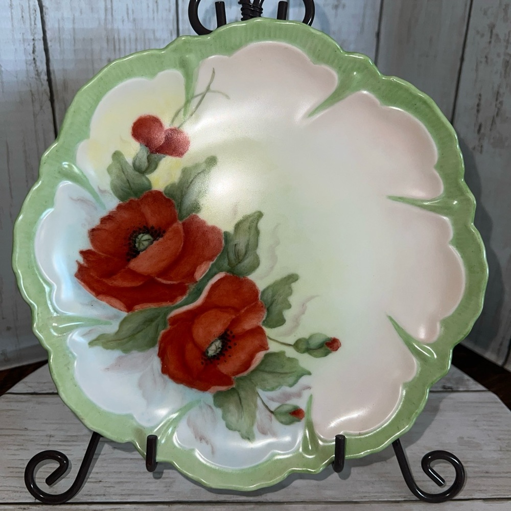 Vintage Hand Painted Porcelain Scalloped Floral Dish, Signed, Dated 8.5 inches.